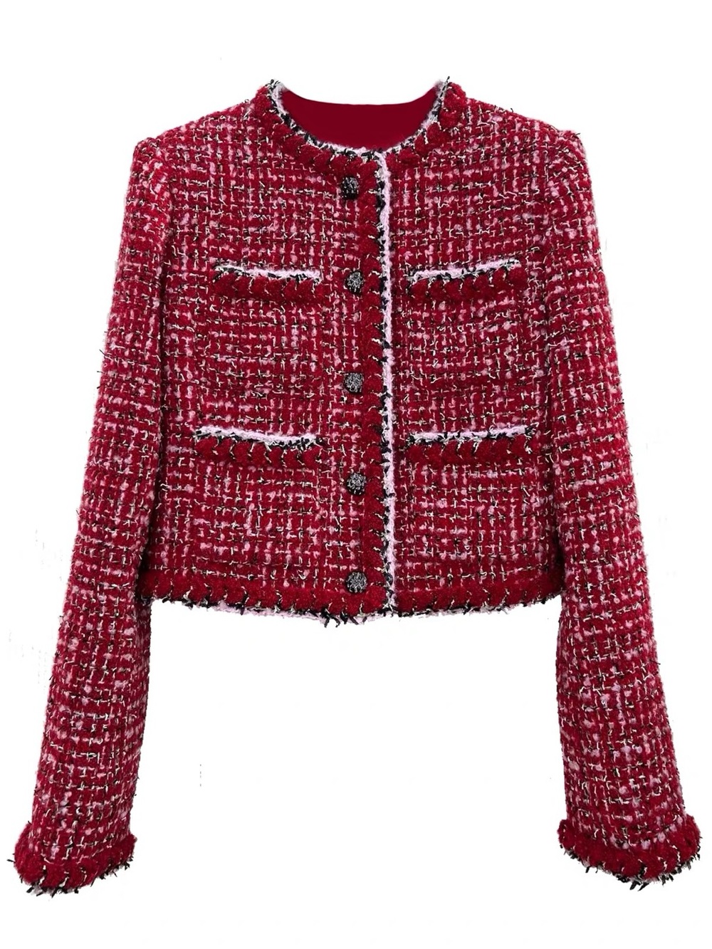 Designer-style Red Tweed Wool Crop Jacket